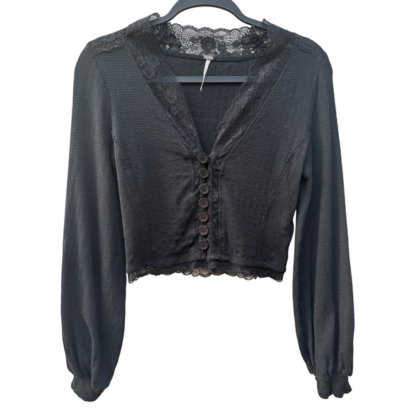 Free People Tops - Free People Run With Me Cardi Black Lace Thermal Button Front Crop Top Small